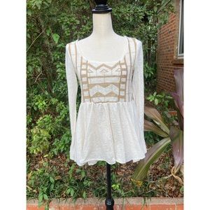 Free People Flowy Long Sleeve Top - Small/Medium, Boho Off White, Embroidered